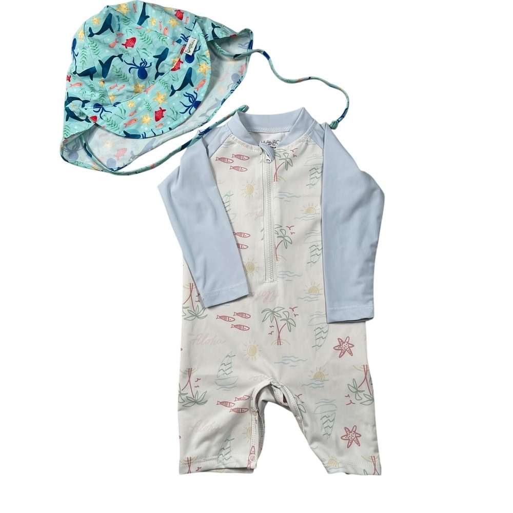 Lila & Jack Swimwear Romper Baby 12M +‎ Green Sprouts Sun Protection Hat 9-18 M